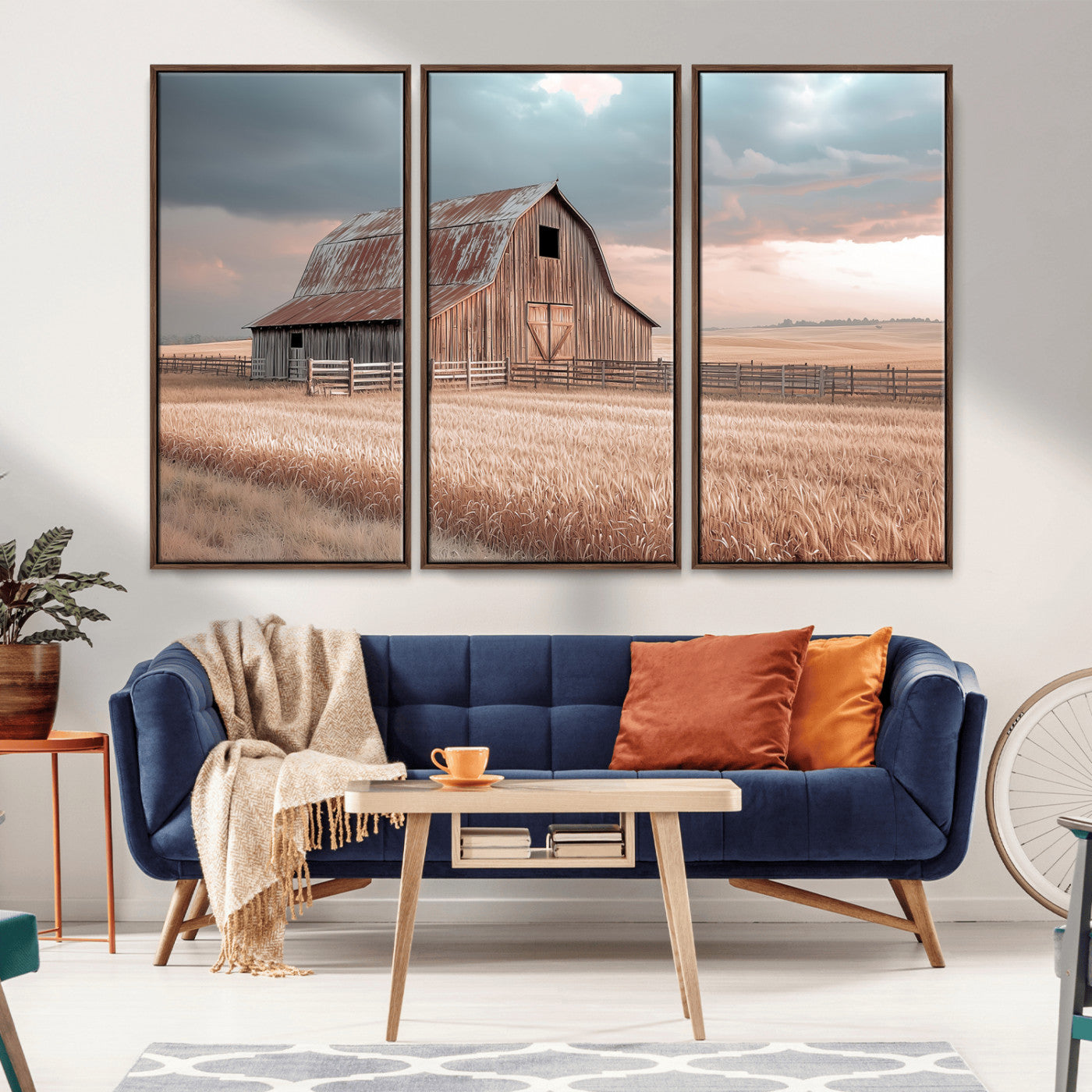 MGV-FC-48X32-3P - Rustic Barn Wall Art Canvas Print, Framed Wheat Field Art Picture Print, Sunset Barn Perfect Vintage Farmhouse Decor Artwork