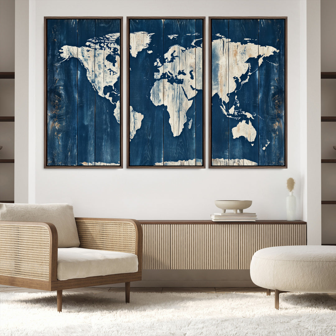 World Map Wall Art Canvas Print, Rustic Map Print, Framed Wooden World Map Art Print, Large Antique Map Decor Printing Perfect for Vintage Decor