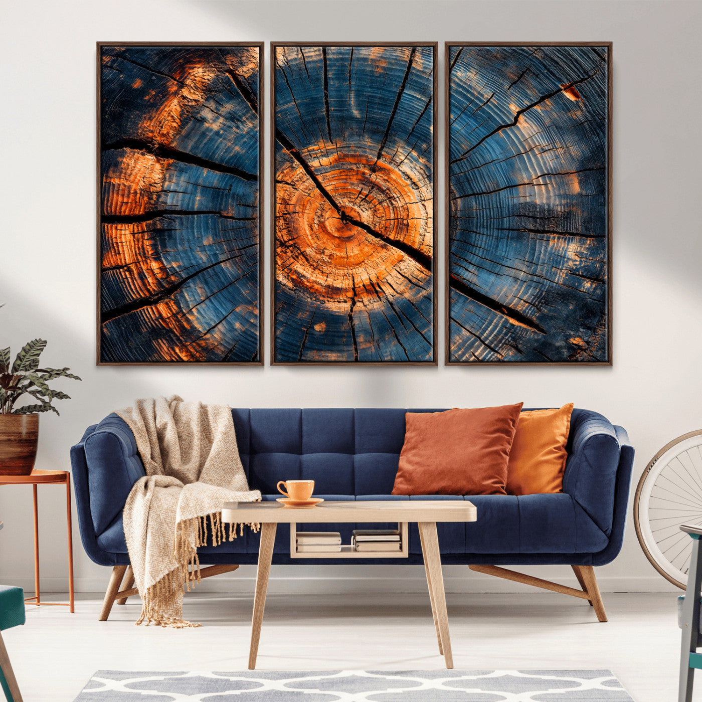 MGV-FC-48X32-3P - Burnt Wood Wall Art Canvas Print, Framed Aged Timber Art Picture Print, Rustic Tree Slice Perfect Rustic Decor Artwork