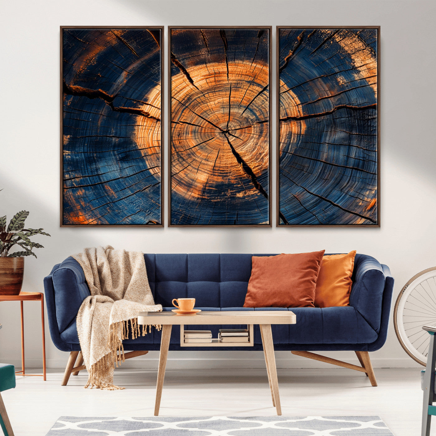 MGV-FC-48X32-3P - Burnt Wood Wall Art Canvas Print, Framed Aged Timber Art Picture Print, Rustic Tree Slice Perfect Rustic Decor Artwork