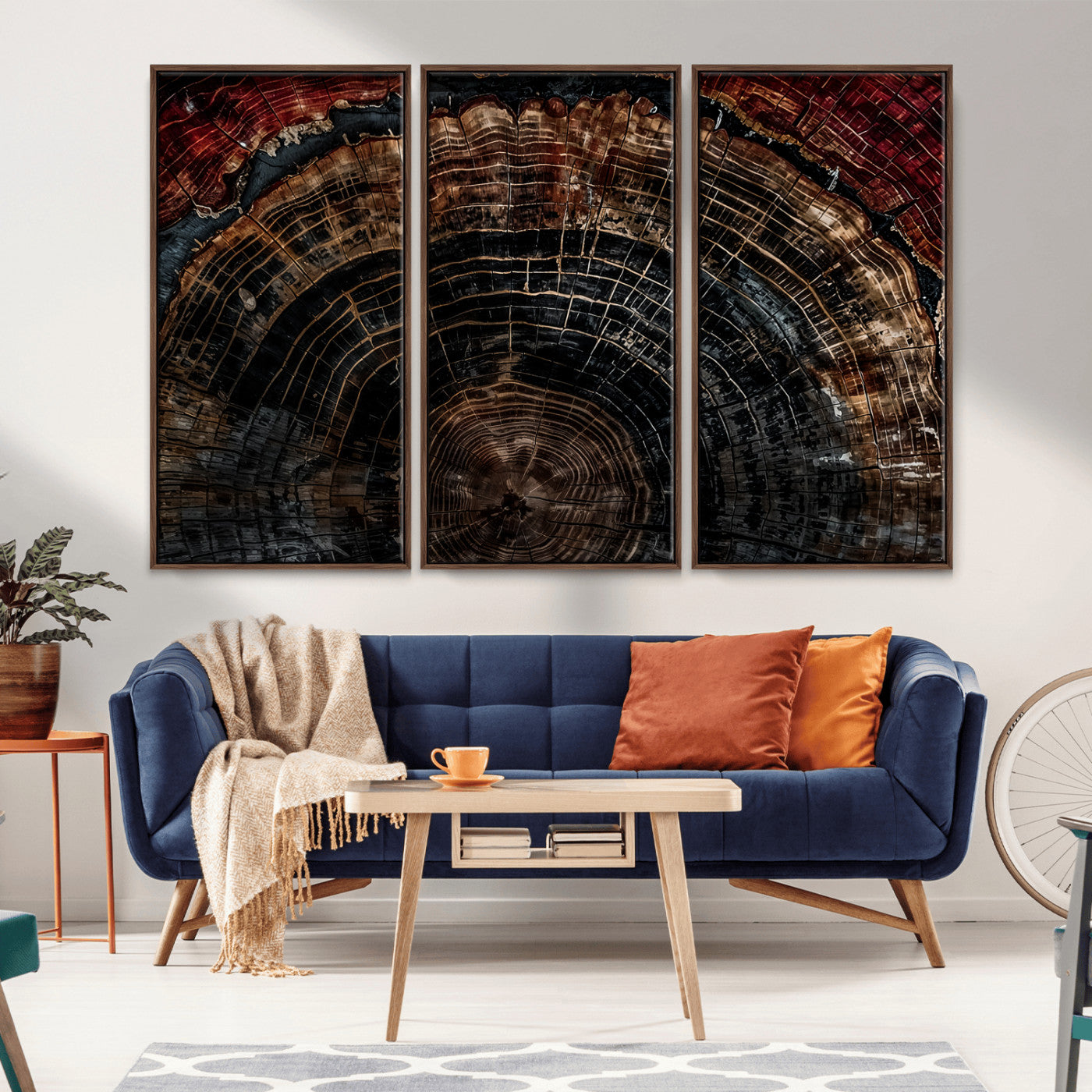 MGV-FC-48X32-3P - Dark Wood Ring Wall Art Canvas Print, Framed Abstract Wood Tree Art Picture Print, Rustic Tree Slice Perfect Rustic Decor Artwork
