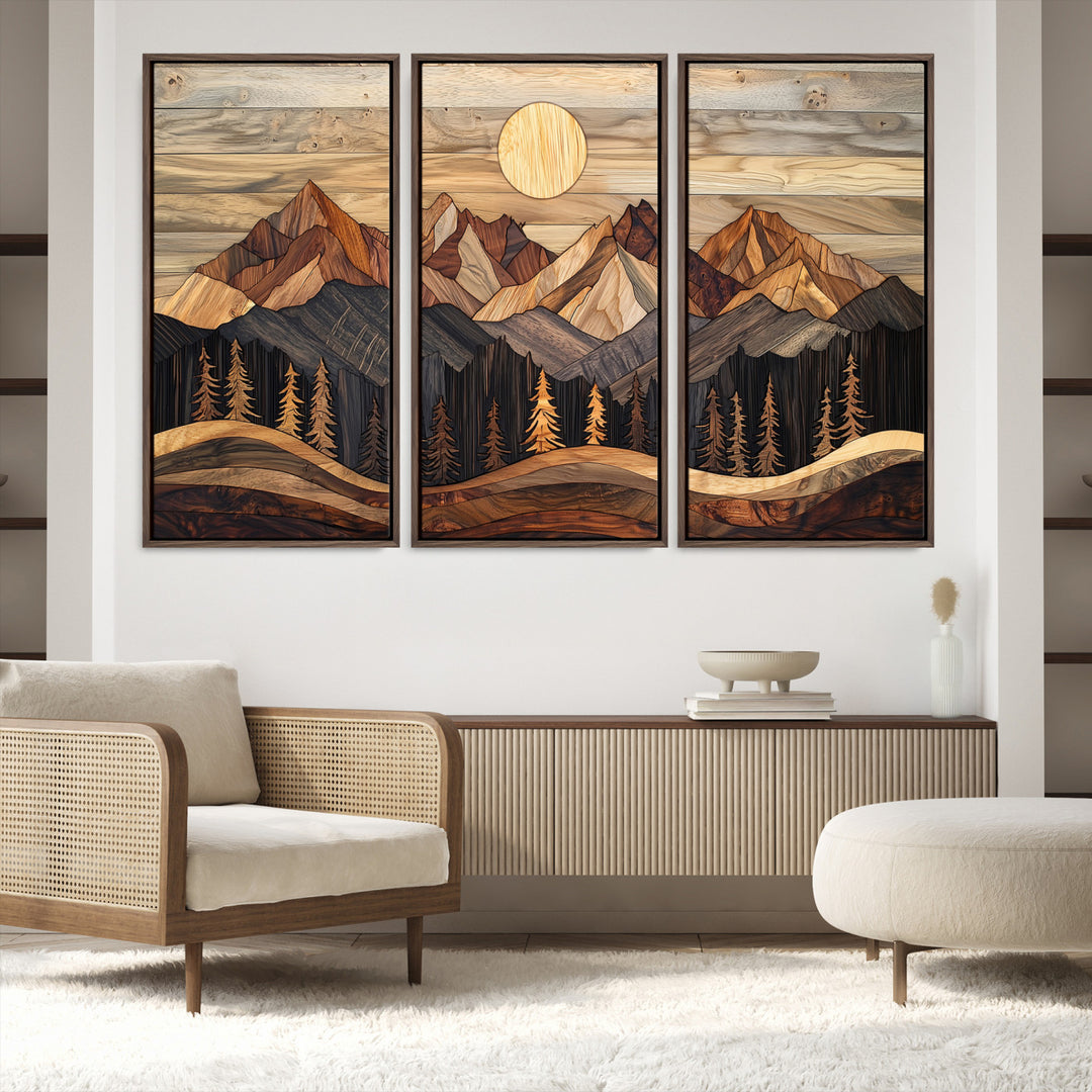 50100230-MGV-FC-48X32-3P_Walnut-Wood Mountain Wall Art Canvas Print, Framed Boho Wood Art Print, Abstract Woodland Farmhouse Decor