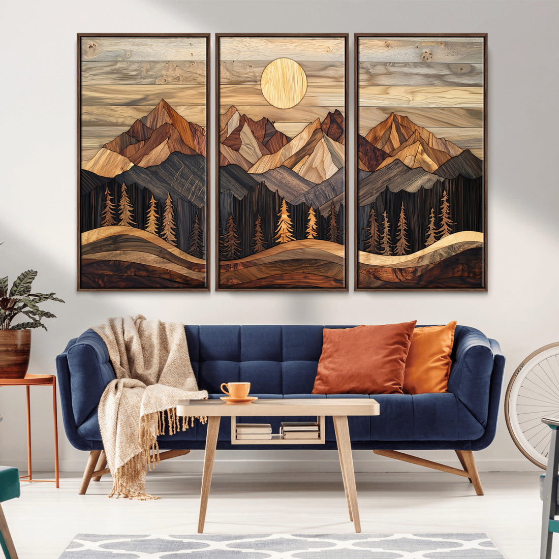 Wood Mountain Wall Art Canvas Print, Framed Boho Abstract Woodland Landscape