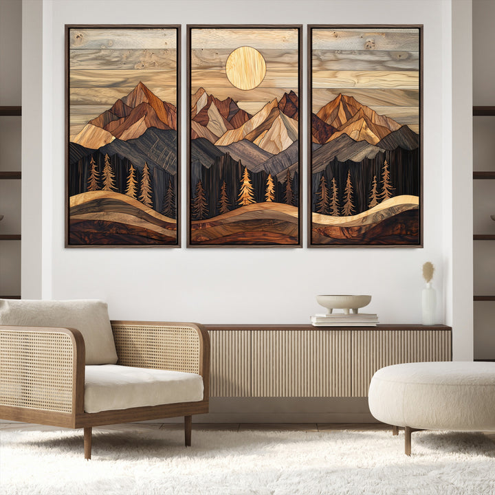 50100230-MGV-FC-48X32-3P_Walnut-Wood Mountain Wall Art Canvas Print, Framed Boho Wood Art Print, Abstract Woodland Farmhouse Decor