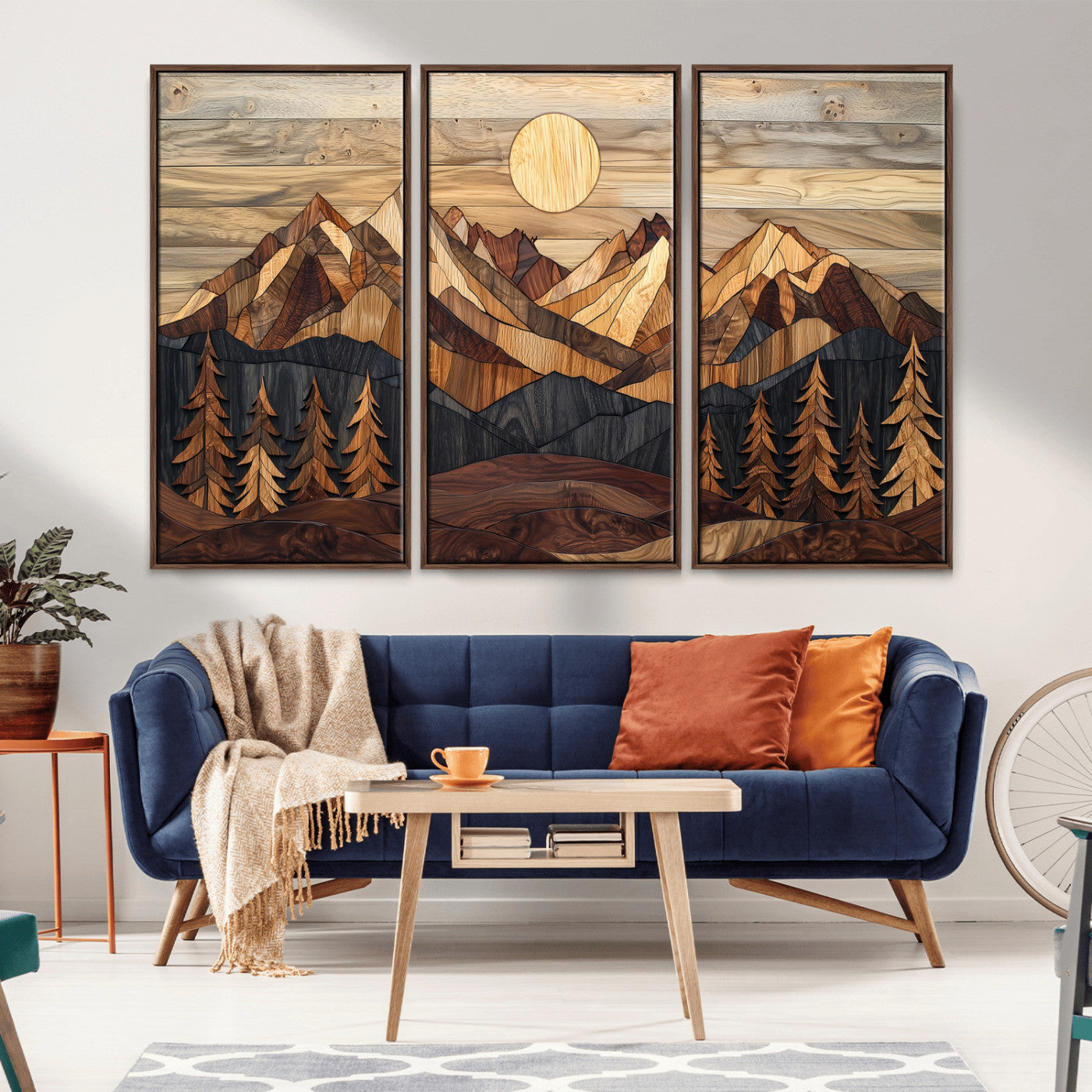 MGV-FC-48X32-3P - Wood Mountain Landscape Wall Art Canvas Print, Framed Sunset Hills Art Picture Print, Abstract Nature Perfect Boho Decor Artwork