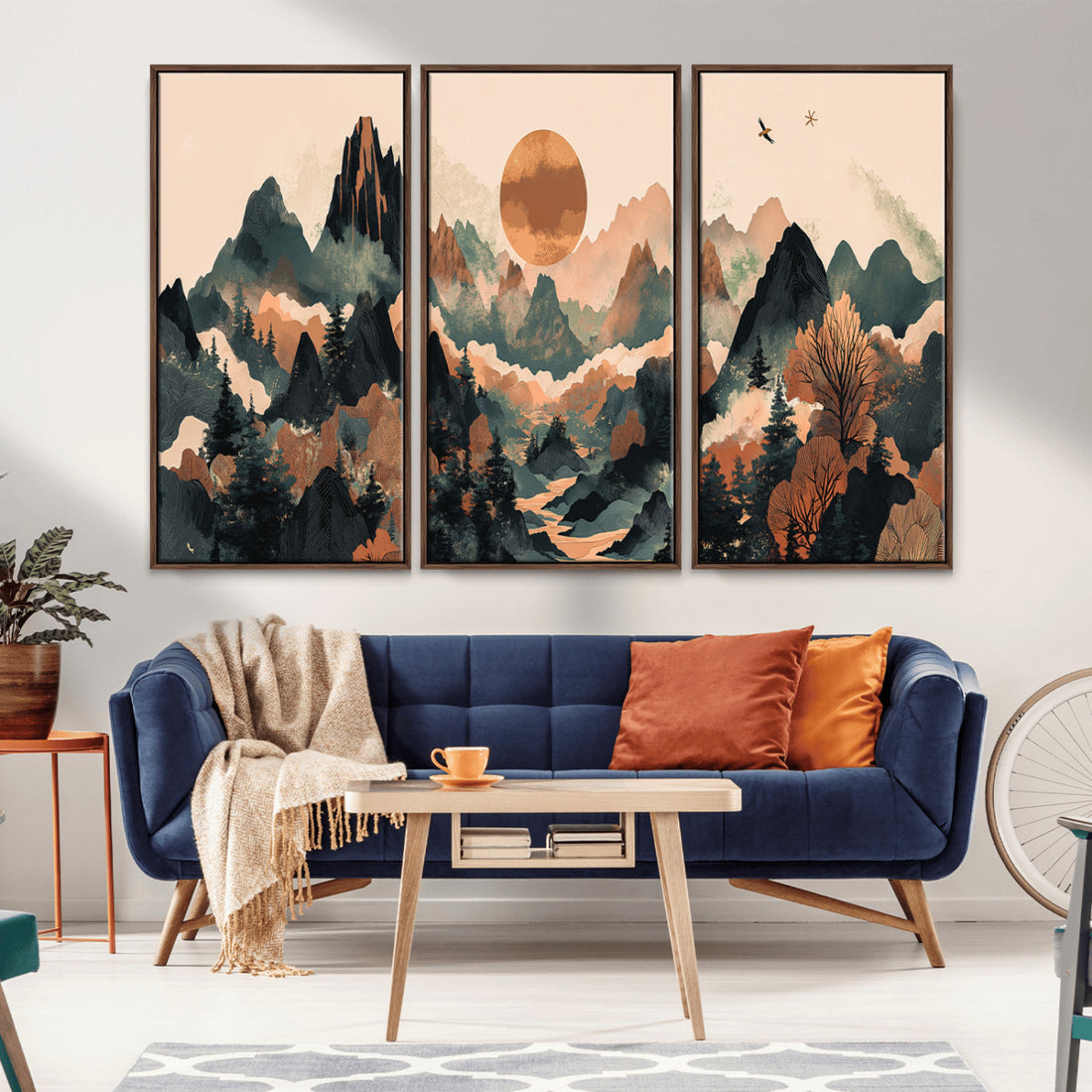 Wood Mountain Landscape Wall Art Canvas Print, Framed Sunset Hills, Abstract Serene Valley Boho Art