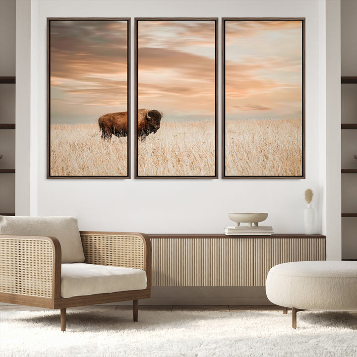 Bison Wall Art Canvas Print, Buffalo Print, Framed Western Prairie Art Print, Large Rustic Wildlife Printing Perfect for Rustic Decor