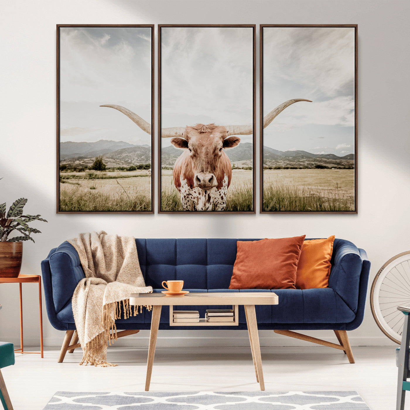MGV-FC-48X32-3P - Texas Longhorn Wall Art Canvas Print, Framed Western Cow Art Picture Print, Rustic Farmhouse Perfect Farmhouse Decor Artwork