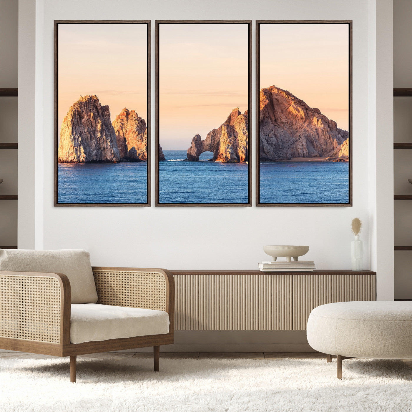 72996116-MGV-FC-48X32-3P-El Arco Wall Art Canvas Print, Framed Cabo Rocks Art Picture Print, Ocean Arch Perfect Golden Coastal Landmark Decor, The Arch Canvas Print
