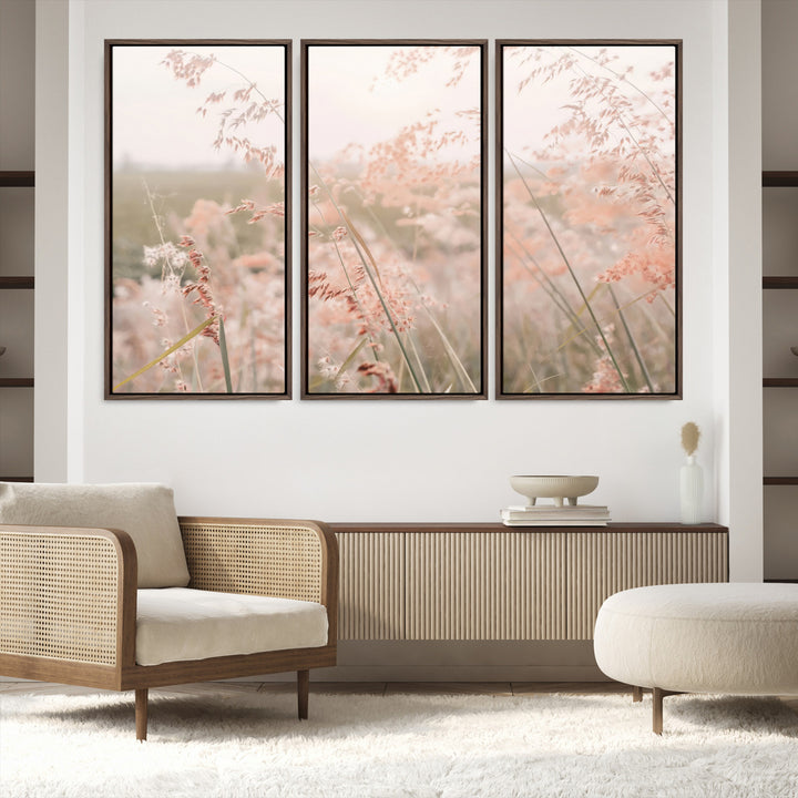 Pastel Grasses Wall Art Canvas Print, Soft Meadow Print, Framed Field in Breeze Art Print, Large Pink Meadow Printing Soft Pastel