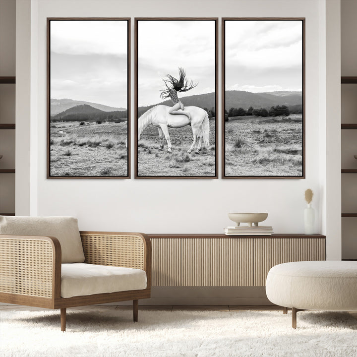 White Horse Wall Art Canvas Print, Woman Rider Print, Framed Equestrian Pose Art Print, Large Grazing Horse Printing Western Boho