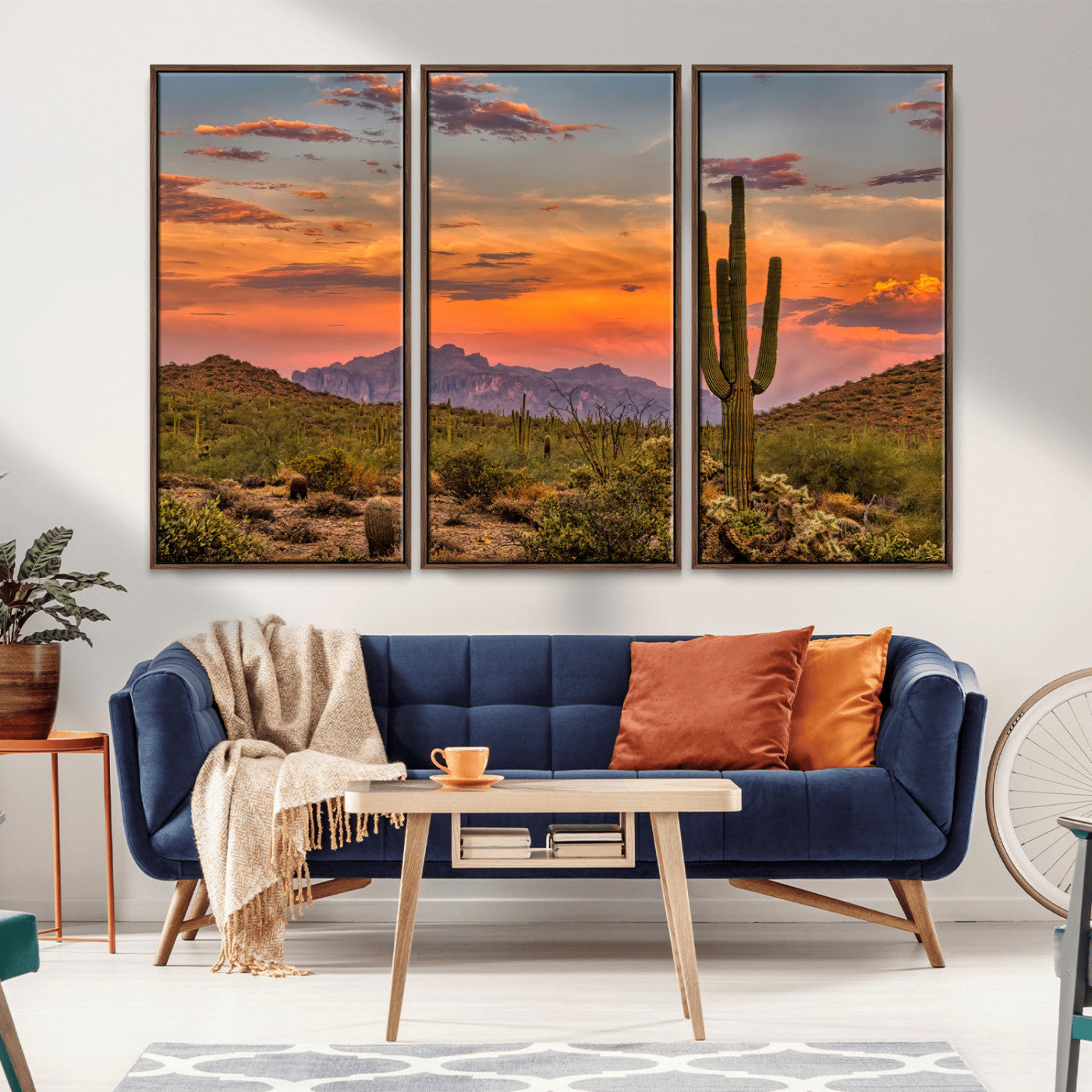 MGV-FC-48X32-3P - Saguaro Cactus Wall Art Canvas Print, Framed Arizona Sunset Art Picture Print, Sonoran Desert Perfect Southwestern Boho Decor Artwork
