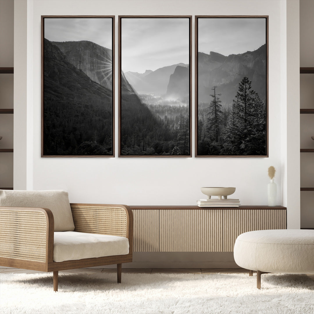 Yosemite Valley Wall Art Canvas Print, El Capitan Sunrise Print, Framed Misty Mountain Art Print, Large Monochrome Valley Printing