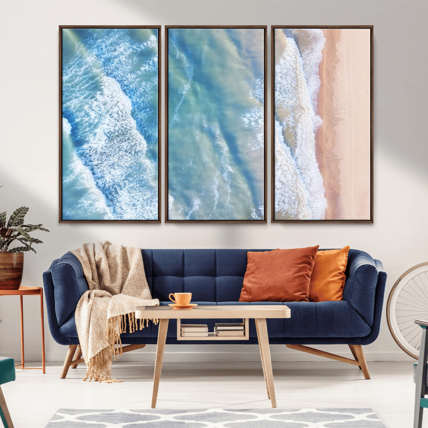 MGV-FC-48X32-3P - Aerial Ocean View Wall Art Canvas Print, Framed Soft Blue Waves Art Picture Print, Sandy Shoreline Perfect Modern Coastal Decor Artwork