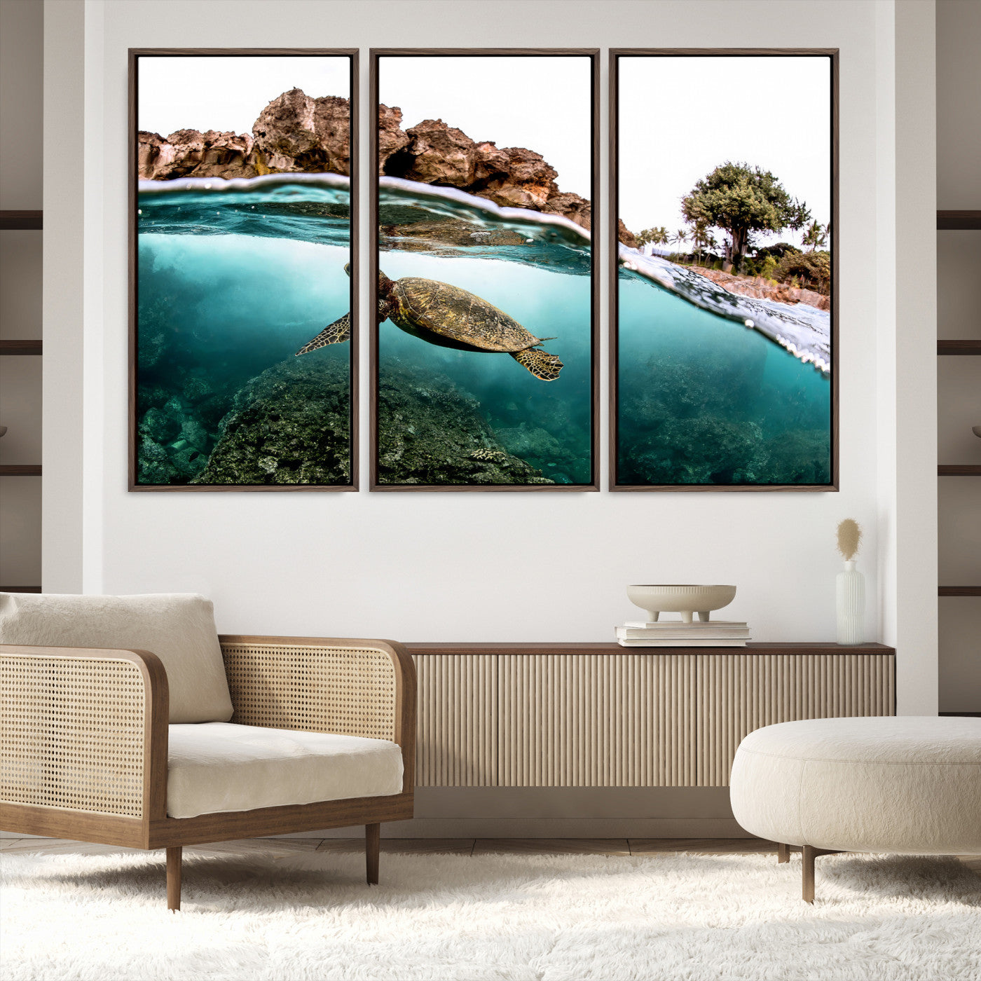 44200301-MGV-FC-48X32-3P-Sea Turtle Wall Art Canvas Print, Framed Ocean Life Art Picture Print, Tropical Perfect Coastal Decor