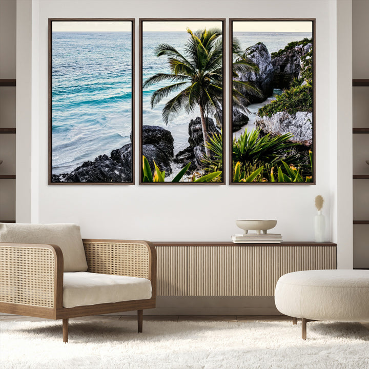 Framed canvas of a vibrant tropical coastline with palm trees, rocky cliffs, and turquoise waters, ideal for tropical coastal home decor.