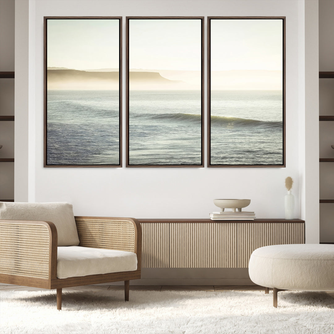 Canvas of a misty ocean scene with coastal cliffs and soft neutral tones, ideal for Scandinavian coastal or minimalist nature-inspired home decor.