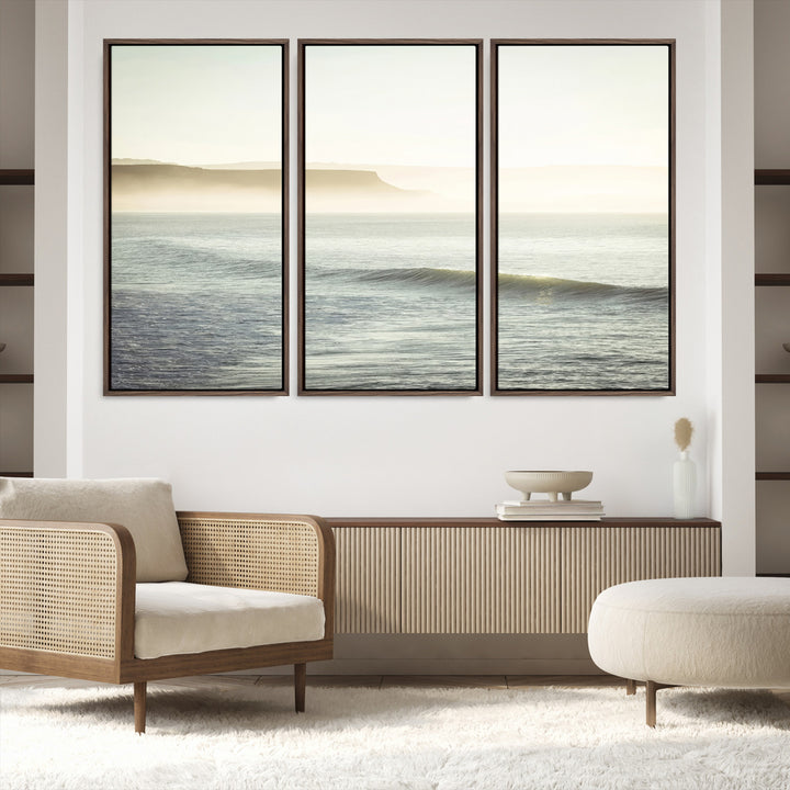 Canvas of a misty ocean scene with coastal cliffs and soft neutral tones, ideal for Scandinavian coastal or minimalist nature-inspired home decor.