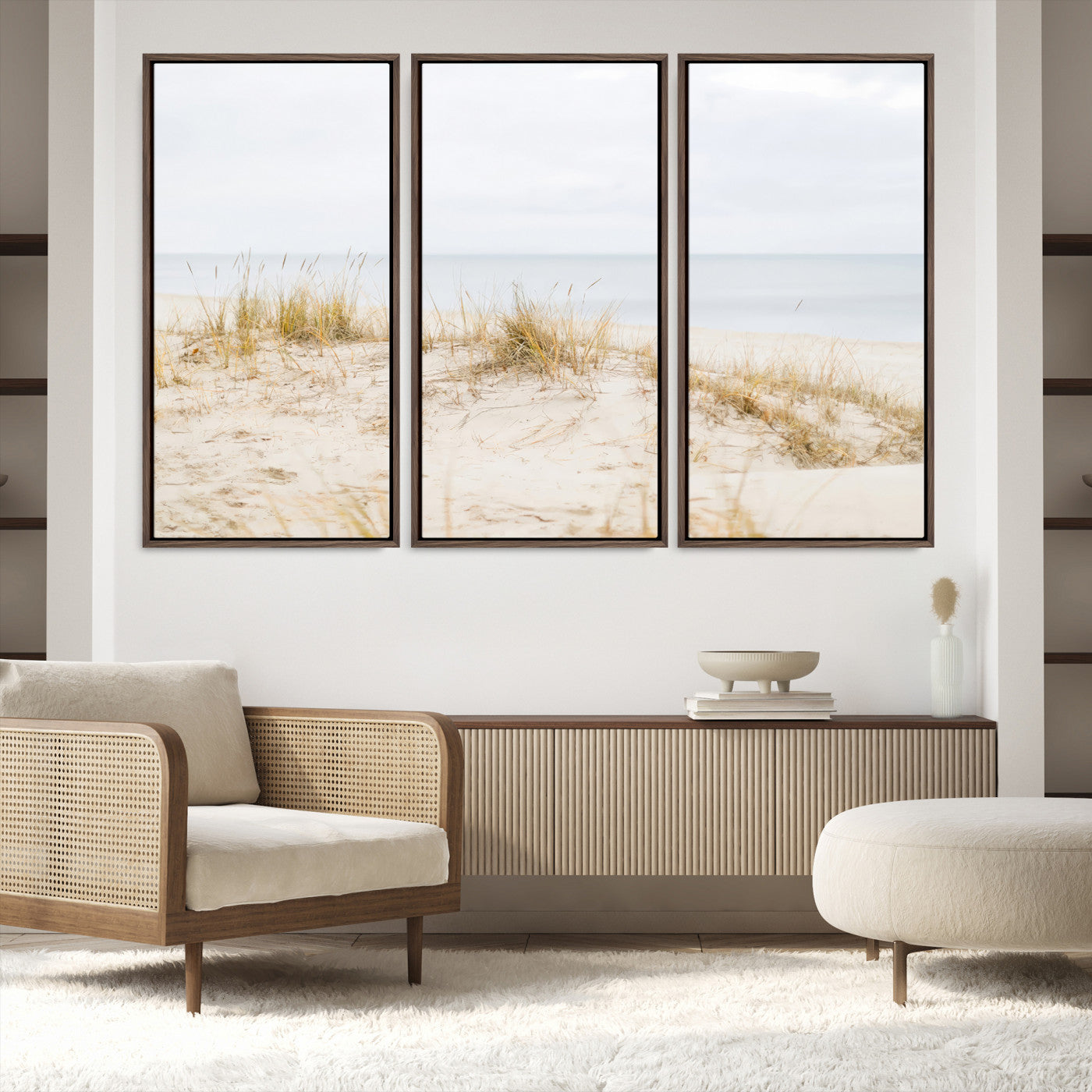 13146857-MGV-FC-48X32-3P-Beach Dunes Wall Art Canvas Print, Framed Coastal Grass Art Picture Print, Sand Perfect Minimalist Decor, Framed Sand Dunes Canvas