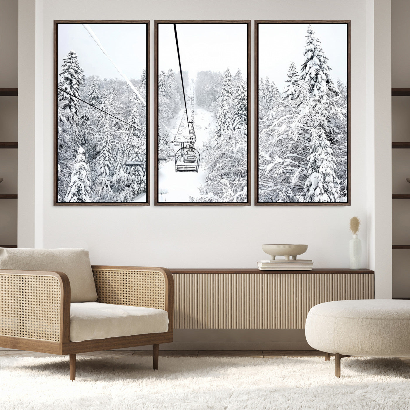 44705668-MGV-FC-48X32-3P-Winter Forest Wall Art Canvas Print, Framed Snowy Forest Art Picture Print, Winter Ski Lift Perfect Scandinavian Minimalist 3/3 Decor