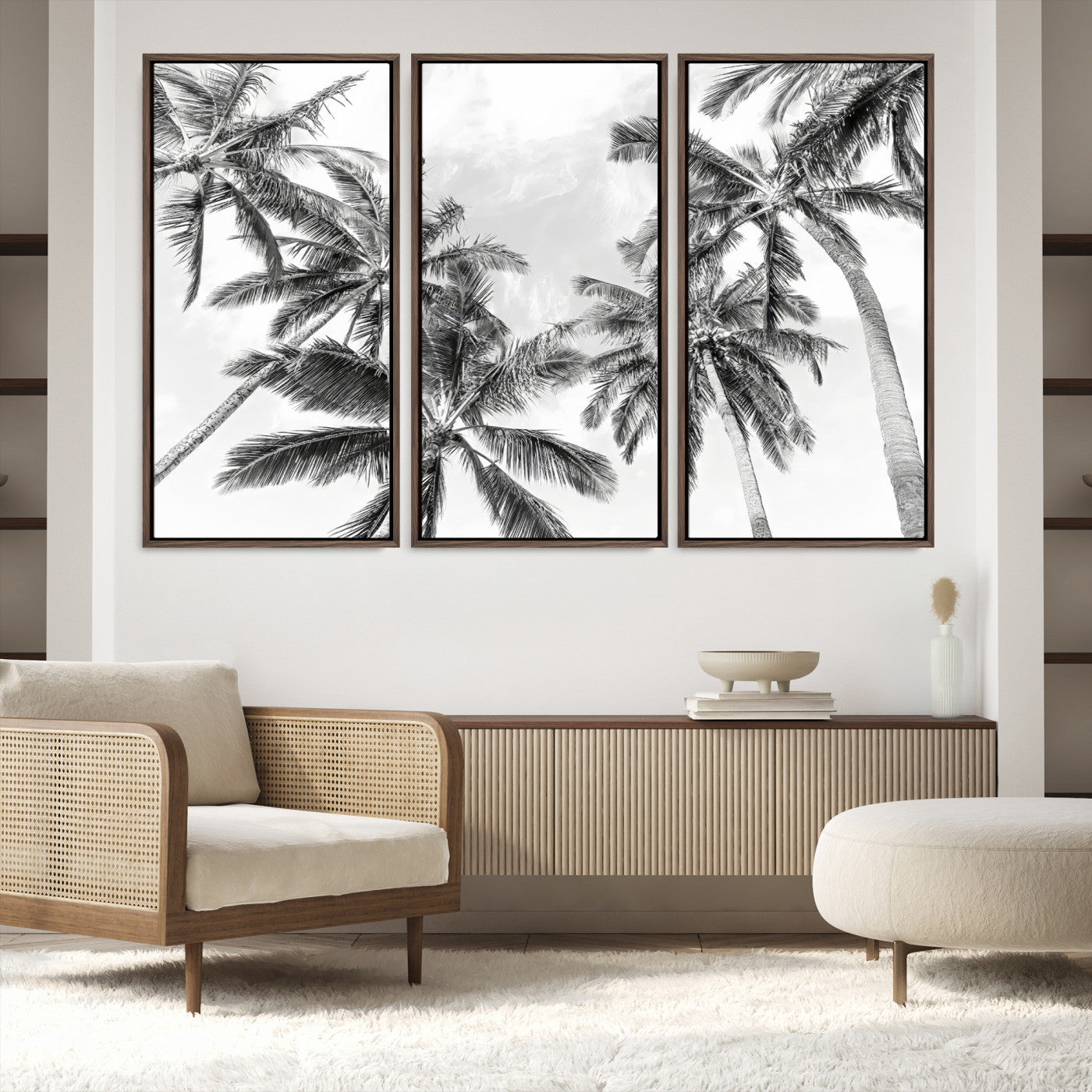 62113786-MGV-FC-60X40-3P_Walnut-Black White Palm Wall Art Canvas Print, Framed Monochrome Tropics Art Picture Print, Coastal Minimalist Decor