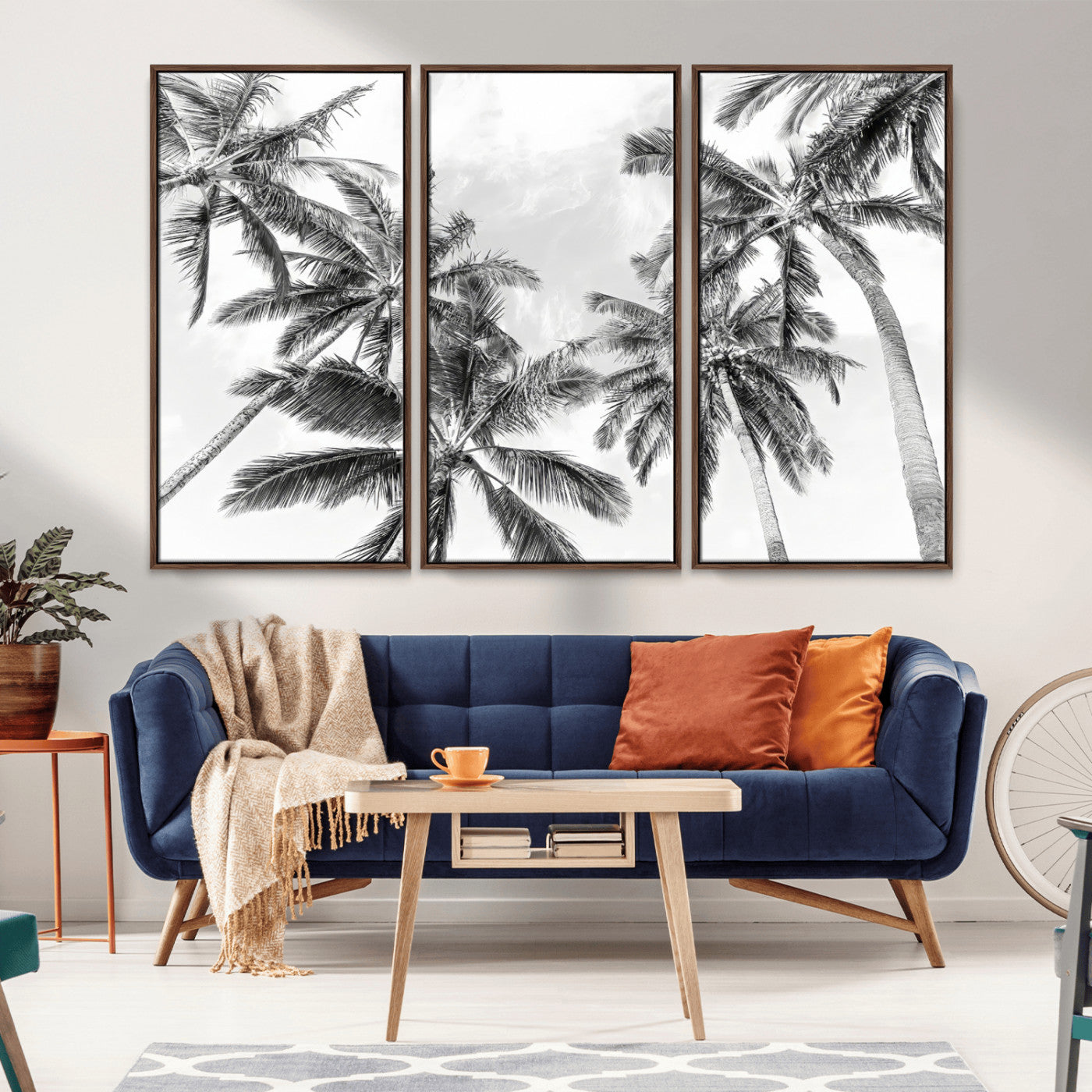 MGV-FC-48X32-3P - Black White Palm Wall Art Canvas Print, Framed Monochrome Tropics Art Picture Print, Minimalist Beach Perfect Coastal Minimalist Decor Artwork