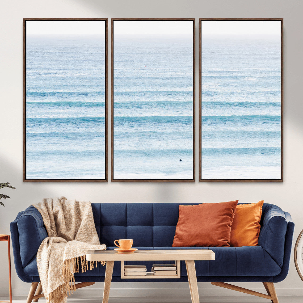 77145995-MGV-CV-36X24-Ocean Wave Surfer Wall Art – Framed Minimal Seascape Canvas Artwork, Calm Blue Water Design, Coastal Decor for Home, Office