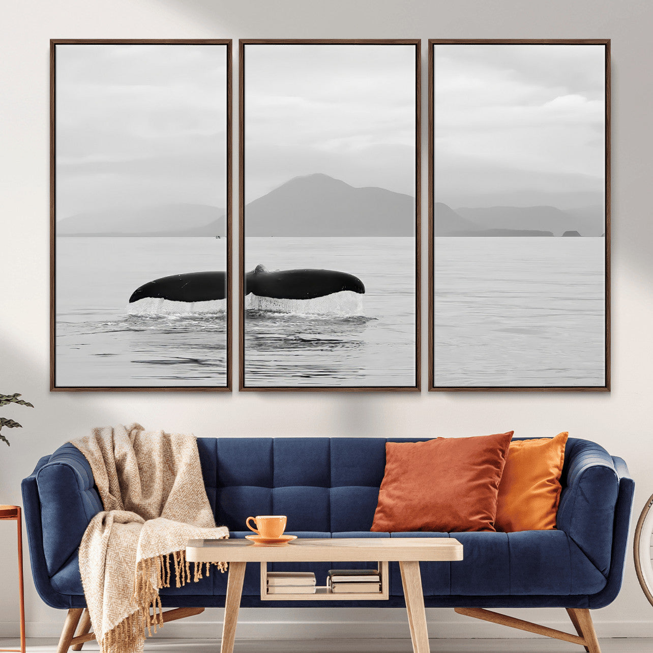 MGV-FC-48X32-3P - Whale Tail Wall Art Canvas Print, Framed Black White Ocean Art Picture Print, Calm Marine Perfect Minimalist Coastal Decor Artwork