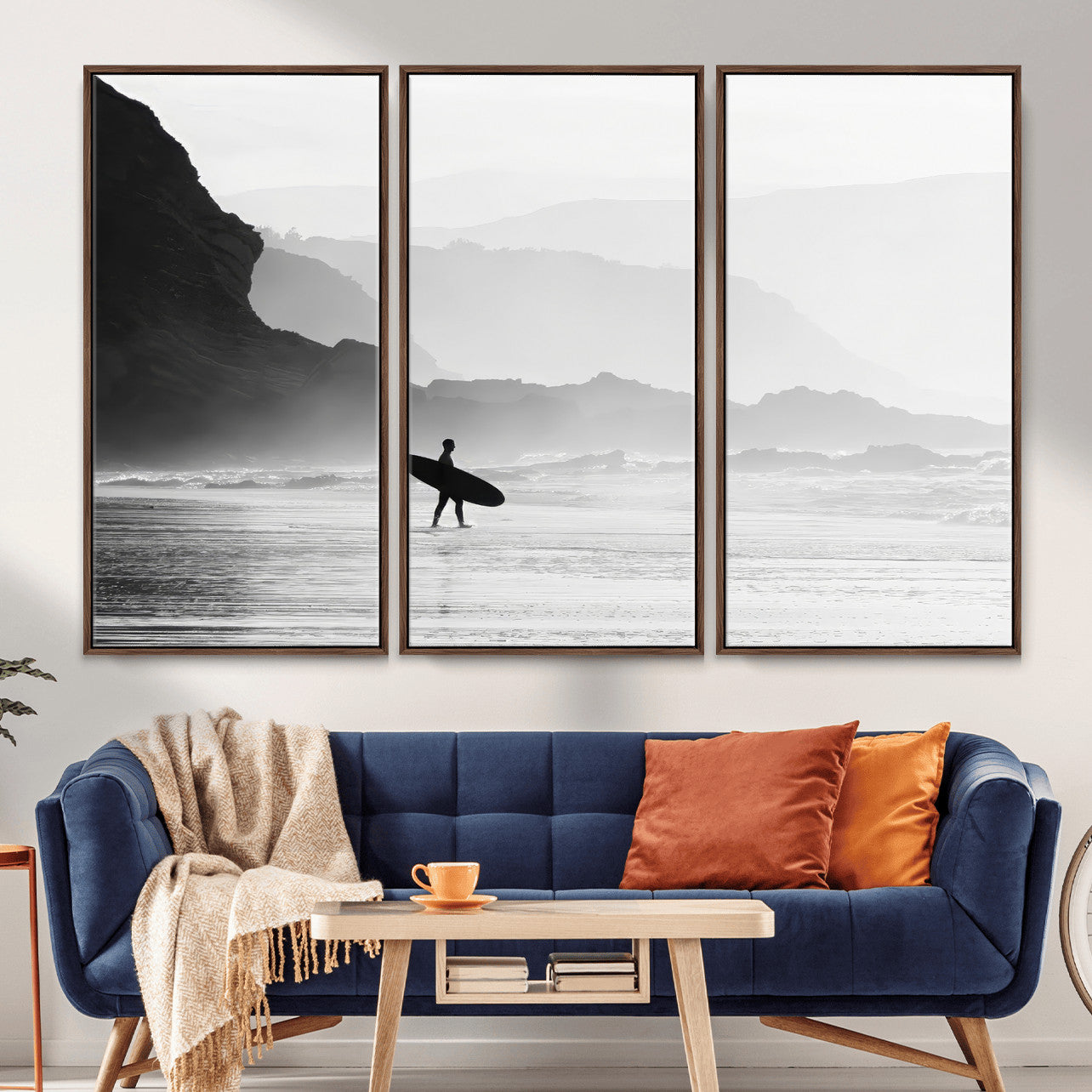 MGV-FC-48X32-3P - Surfer In Fog Wall Art Canvas Print, Framed Moody Shoreline Art Picture Print, Cliffside Waves Perfect Minimalist Coastal Decor Artwork
