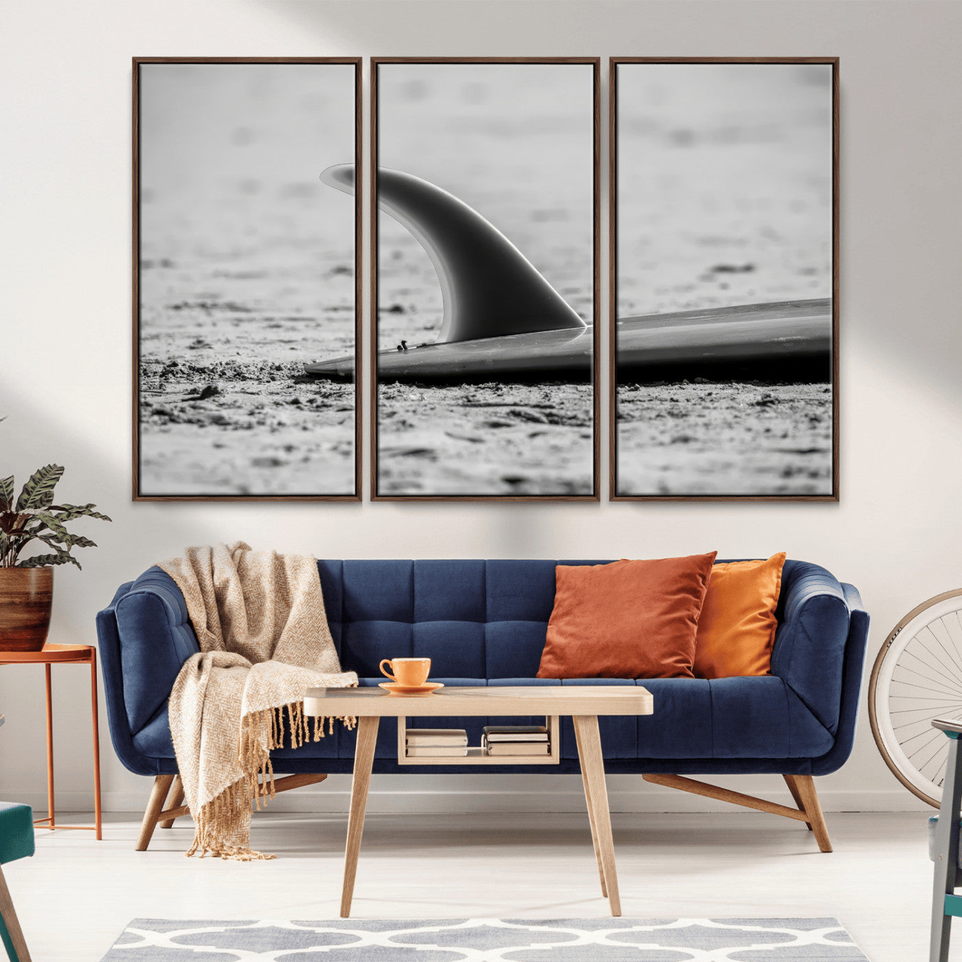 MGV-FC-48X32-3P - Black White Surfboard Wall Art Canvas Print, Framed Minimalist Beach Art Picture Print, Surf Fin Perfect Minimalist Coastal Decor Artwork
