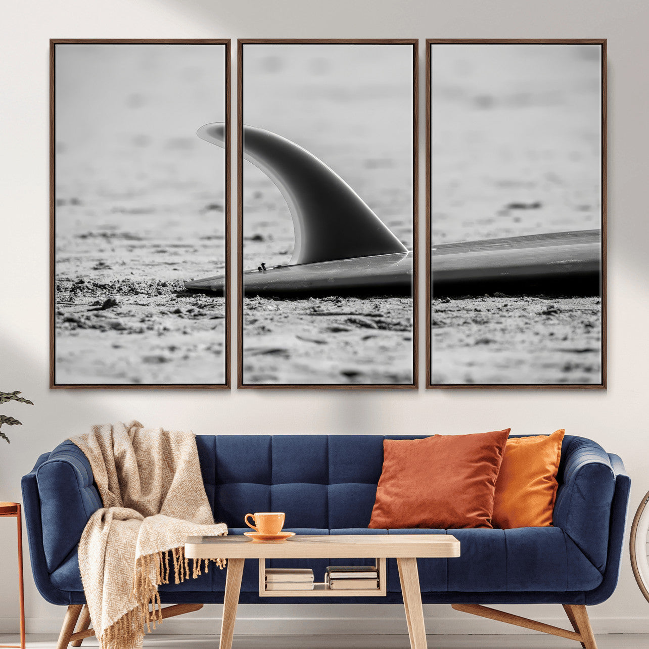 MGV-FC-48X32-3P - Black White Surfboard Wall Art Canvas Print, Framed Minimalist Beach Art Picture Print, Surf Fin Perfect Minimalist Coastal Decor Artwork