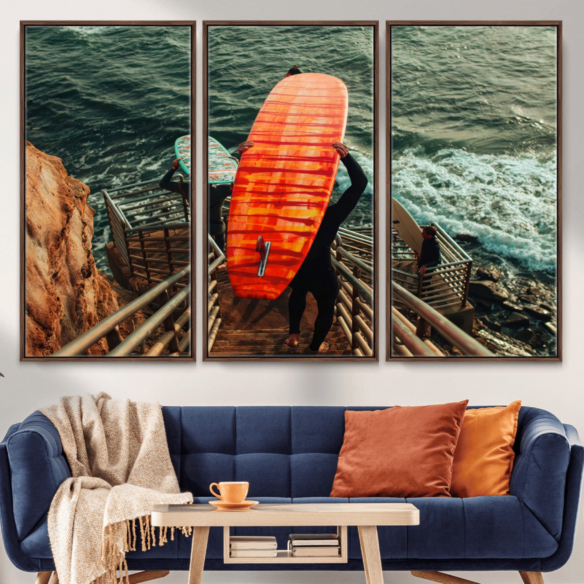 MGV-FC-48X32-3P - Surfer Stairway Wall Art Canvas Print, Framed Ocean Surf Art Picture Print, Sunset Coastal Perfect Coastal Adventure Decor Artwork
