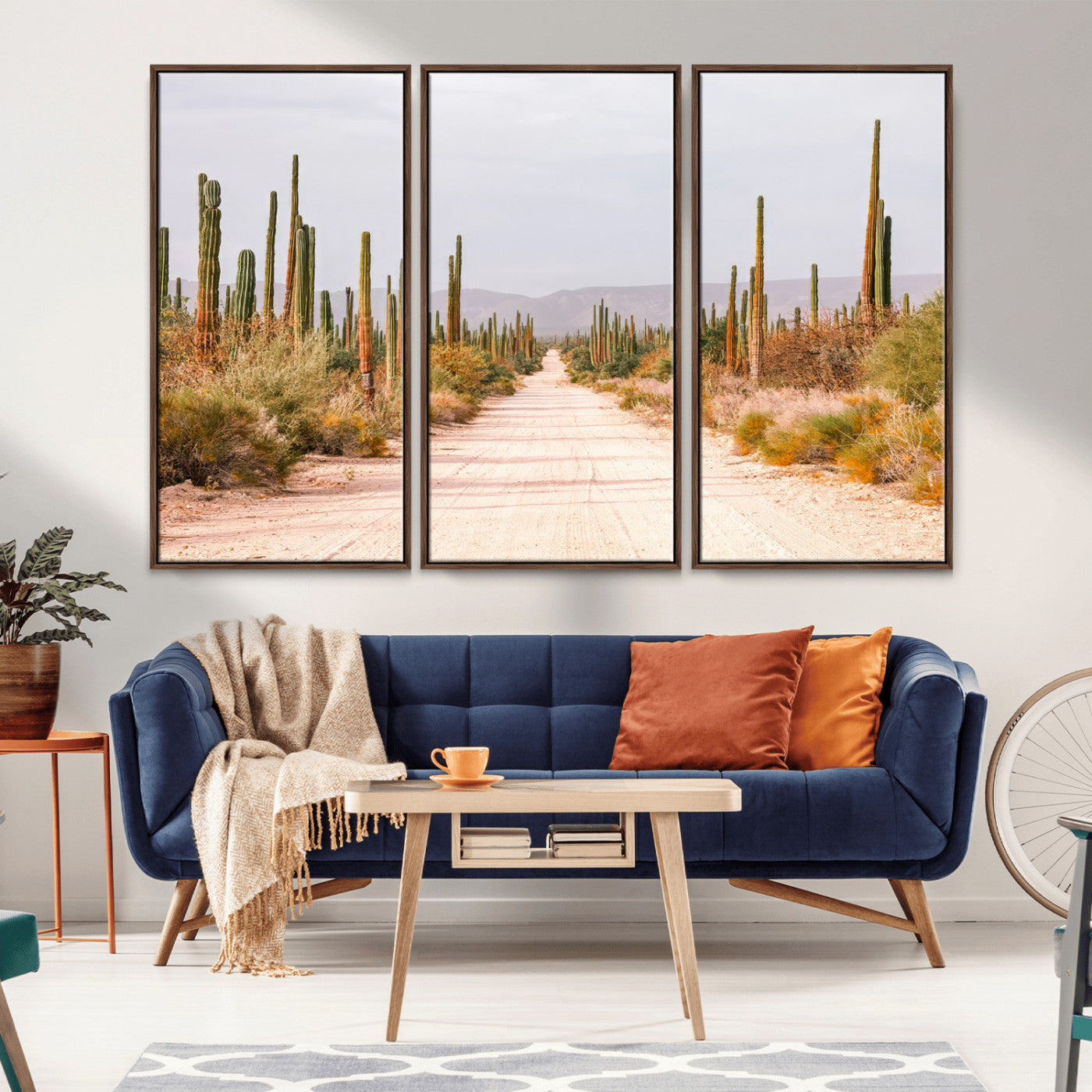 MGV-FC-48X32-3P - Desert Cactus Lined Road Wall Art Canvas Print, Framed Southwestern Landscape Art Picture Print, Bohemian Western Aesthetic Perfect Southwestern Boho Decor Artwork