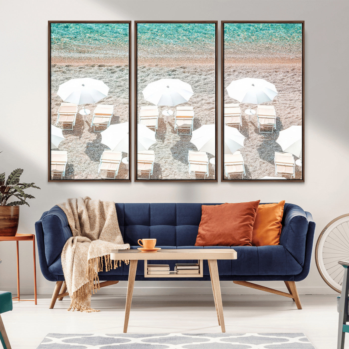 MGV-FC-48X32-3P - Calm Beach Wall Art Canvas Print, Framed Turquoise Water Art Picture Print, Umbrella Shoreline Perfect Coastal Minimalist Decor Artwork