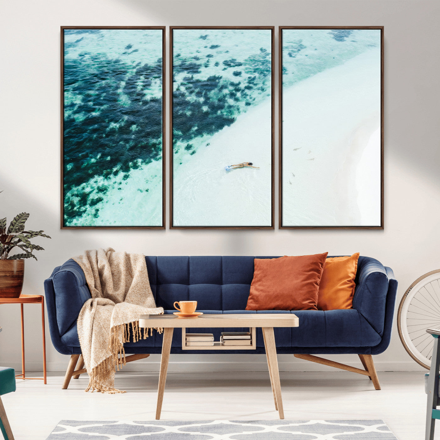 MGV-FC-48X32-3P - Minimal Beach Wall Art Canvas Print, Framed Ocean Swimming Art Picture Print, Clear Ocean Perfect Minimal Coastal Decor Artwork