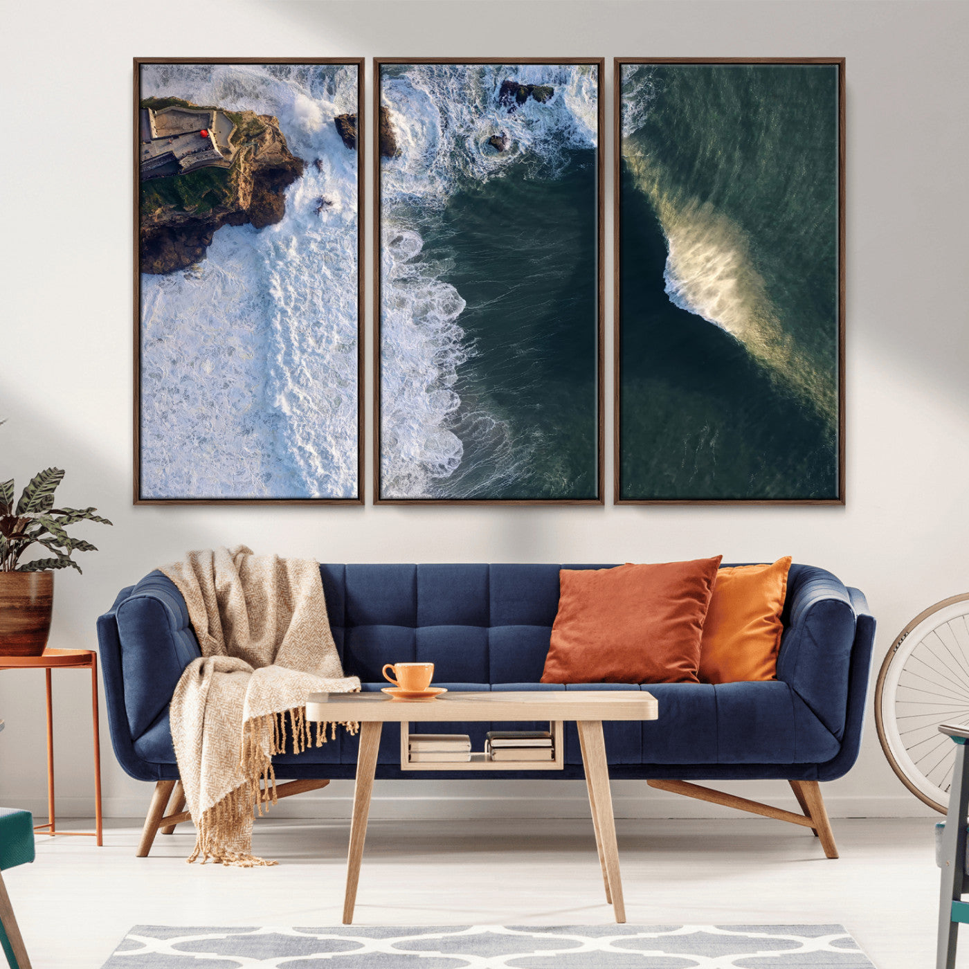 MGV-FC-48X32-3P - Nazaré Coast Wall Art Canvas Print, Framed Aerial Ocean Art Picture Print, Coastal Fortress Perfect Dramatic Coastal Decor Artwork
