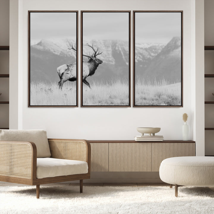 Rustic Elk Wall Art Canvas Print, Wildlife Antler Print, Framed Western Hunting Lodge Art Print, Large Mountain Nature Scene Printing Perfect for Japanese Decor