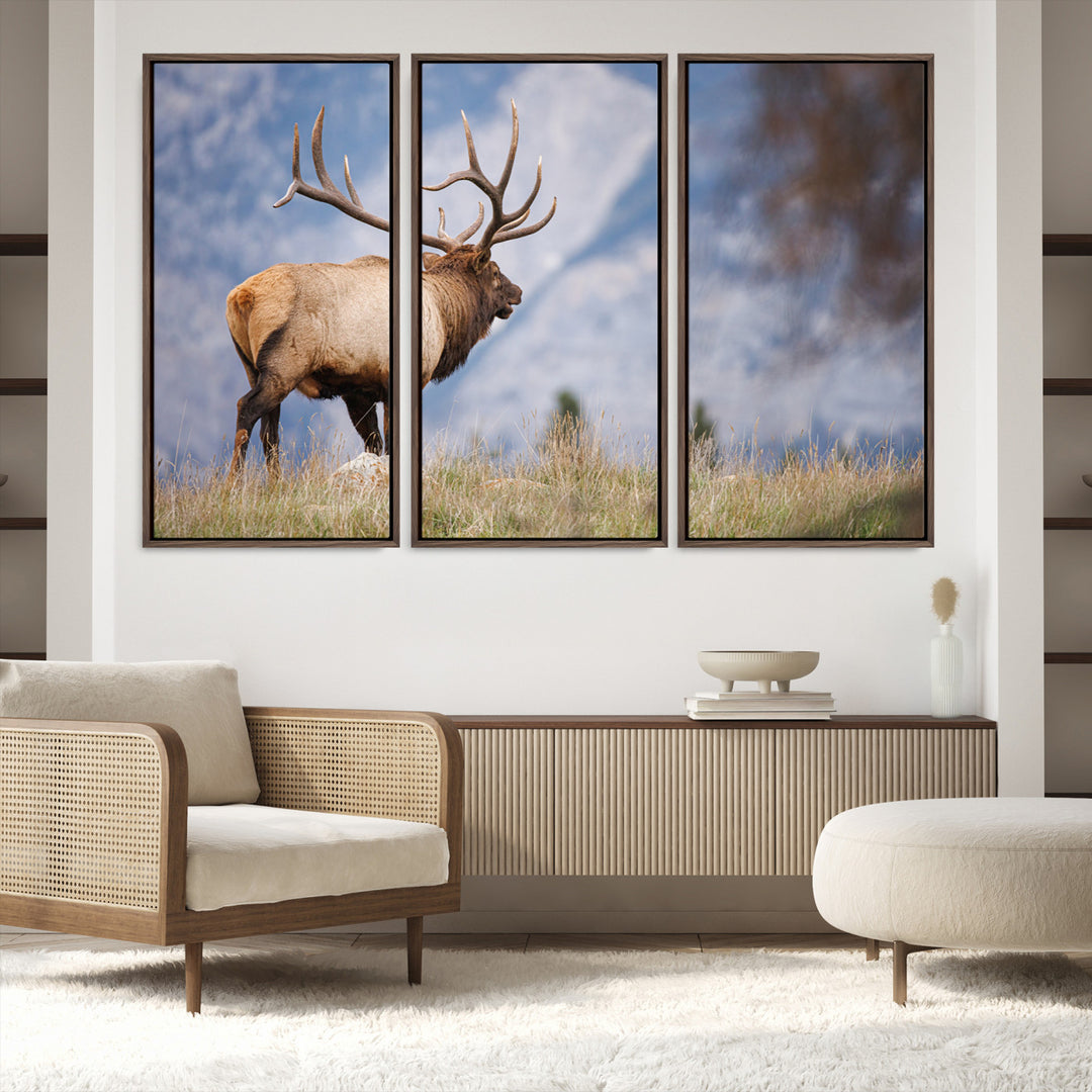 Rustic Elk Wall Art Canvas Print, Wildlife Antler Print, Framed Western Hunting Lodge Art Print