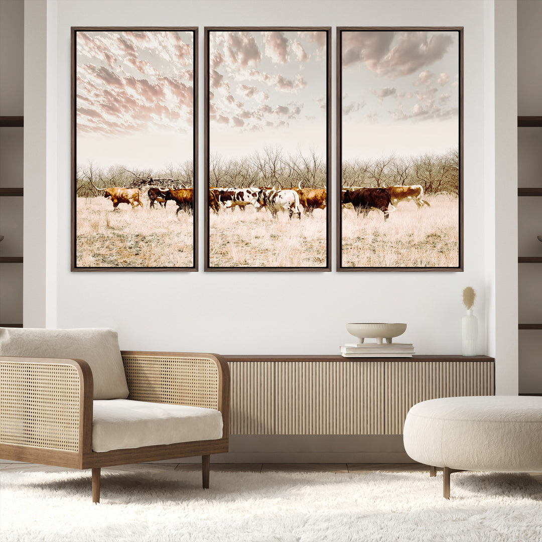 Longhorn Cattle Wall Art Canvas Print, Texas Ranch Print, Framed Western Cow Art Print, Large Prairie Landscape Printing Perfect for Western Decor