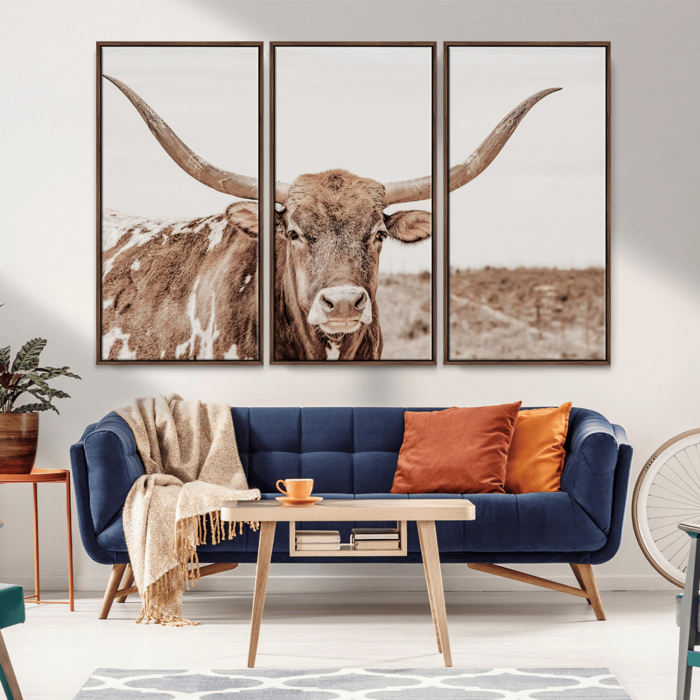 MGV-FC-48X32-3P - Longhorn Cow Wall Art Canvas Print, Framed Texas Ranch Art Picture Print, Western Bull Perfect County Decor Artwork
