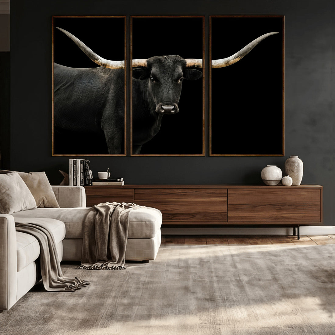 Longhorn Cattle Wall Art Canvas Print, Framed Texas Ranch Print, Western Cow Art, Prairie Landscape