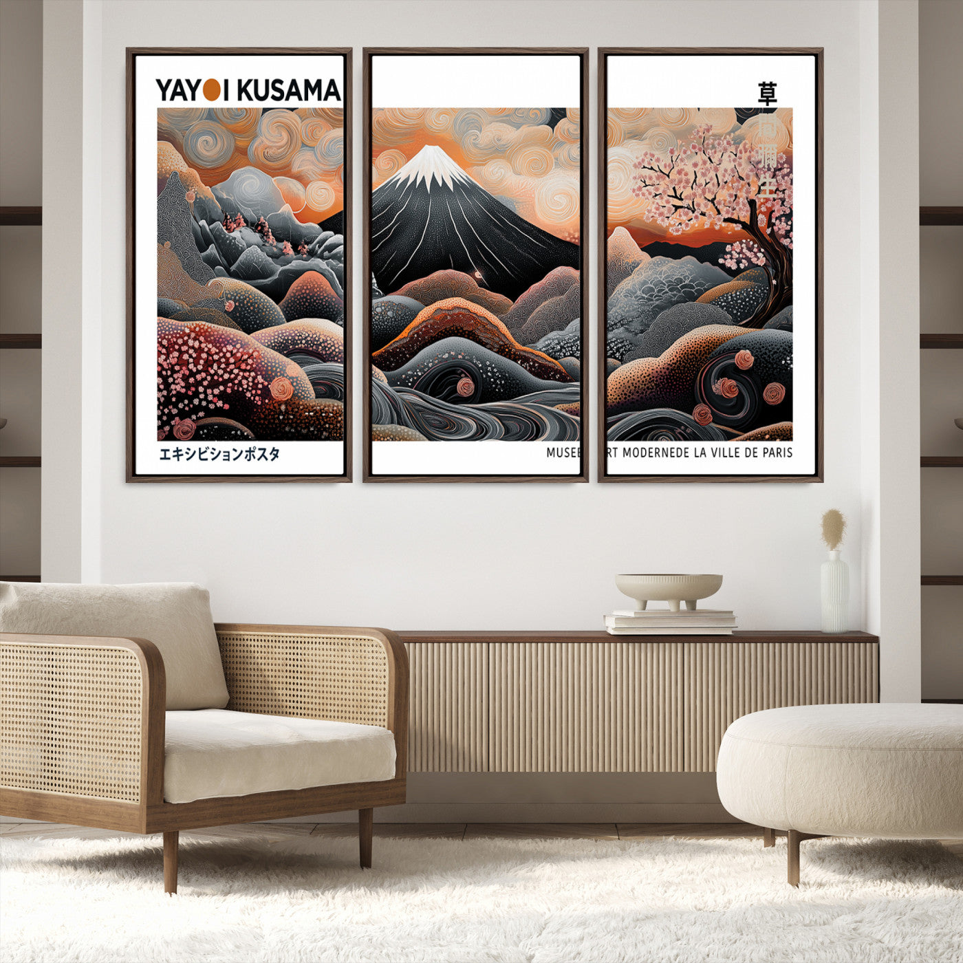 63125329-MGV-FC-48X32-3P-Yayoi Kusama Wall Art Canvas Print, Framed Contemporary Dot Art Picture Print, Japanese Style Perfect Japanese Decor