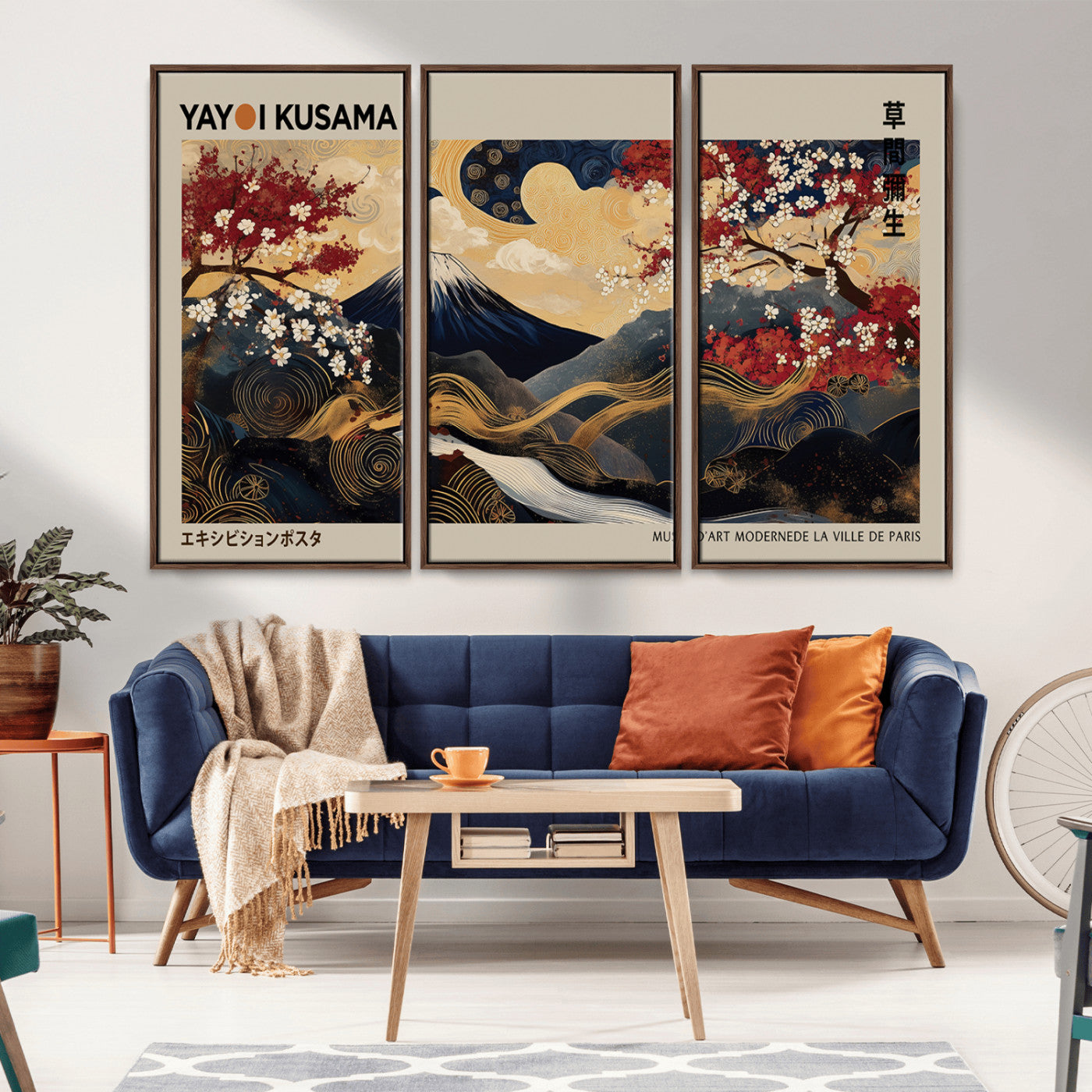 MGV-FC-48X32-3P - Modern Japanese Wall Art, Yayoi Kusama Japanese Print Wall Art, Abstract Mount Fuji Canvas Print,