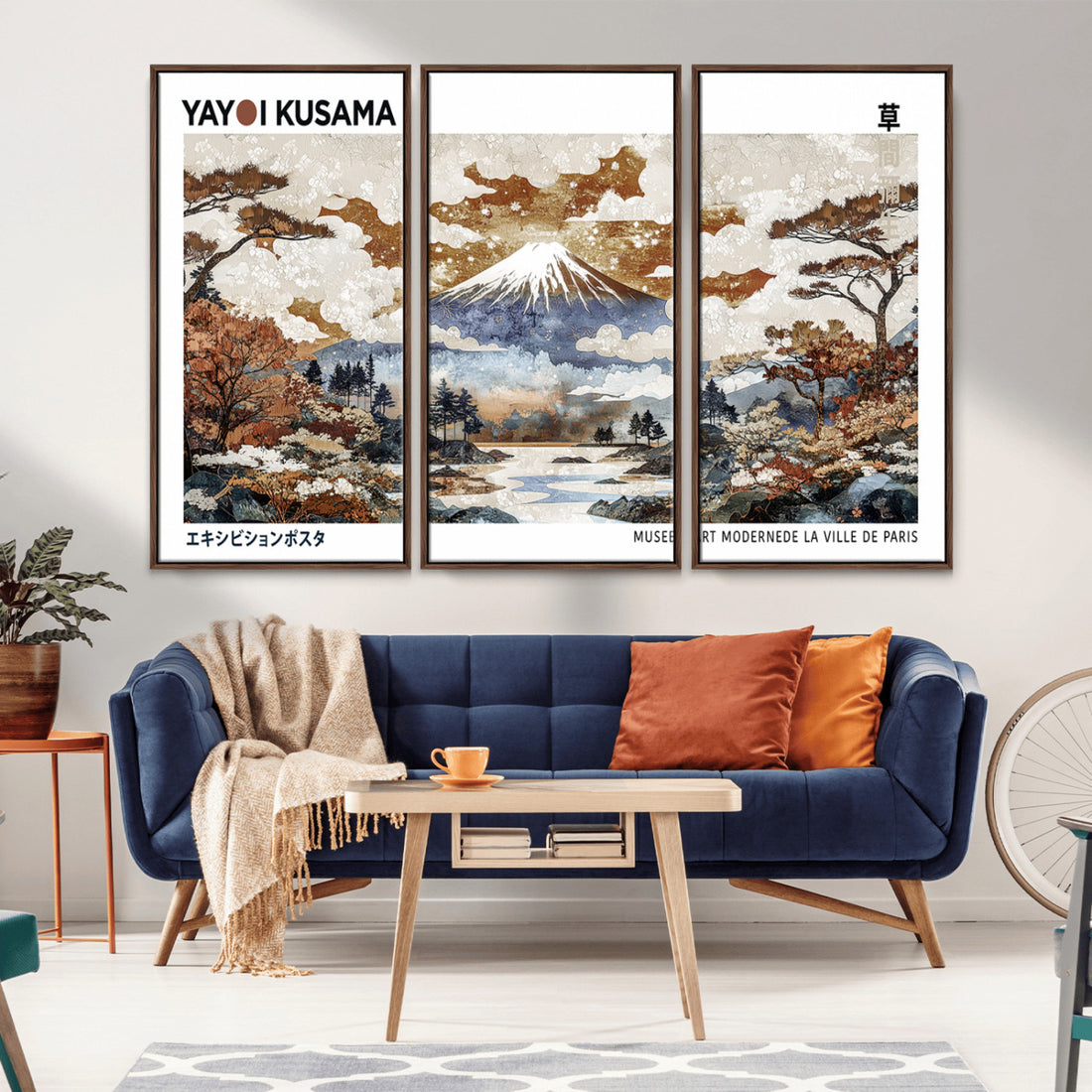 Modern Japanese Wall Art Canvas Print, Framed Abstract Mount Fuji Landscape, Yayoi Kusama Canvas Wall Art