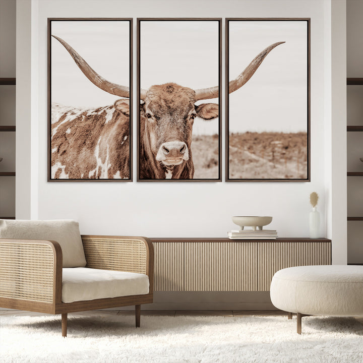 Longhorn Bull Photo Wall Art Canvas Print, Framed Rustic Cow Art Picture Print, Neutral Farmhouse Perfect Rustic Neutral Farmhouse Decor