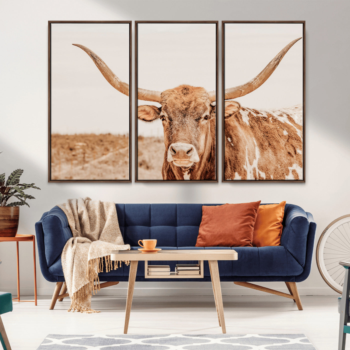MGV-FC-48X32-3P - Longhorn Bull Wall Art Canvas Print, Framed Western Cow Art Picture Print, Rustic Farmhouse Perfect Neutral Farmhouse Decor Artwork