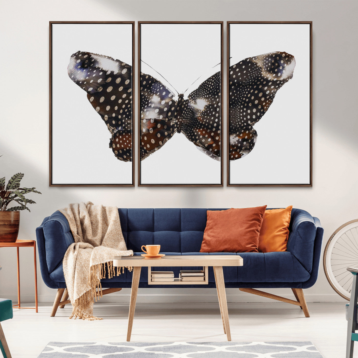 MGV-FC-48X32-3P - Spotted Butterfly Wall Art Canvas Print, Framed Neutral Insect Theme Art Picture Print, Earthy Wing Pattern Perfect Modern Rustic Decor Artwork