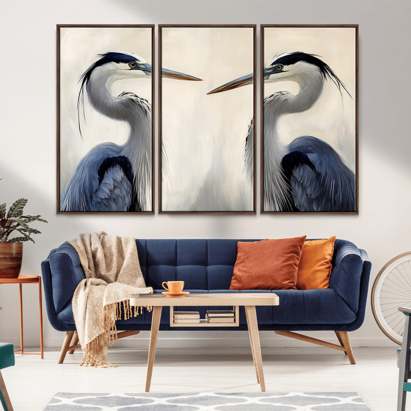 MGV-FC-48X32-3P - Blue Heron Pair Wall Art Canvas Print, Framed Coastal Bird Theme Art Picture Print, Tranquil Wildlife Scene Perfect Coastal Minimalist Decor Artwork