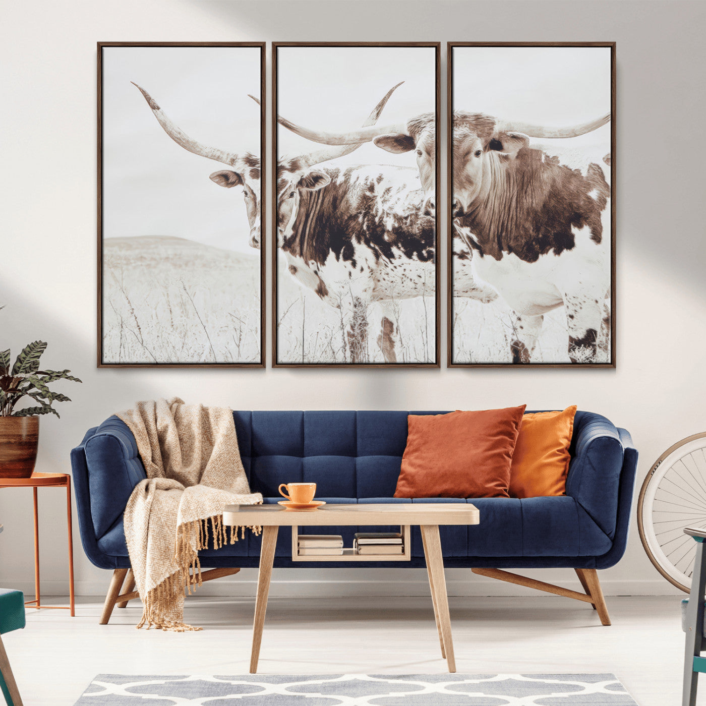 MGV-FC-48X32-3P - Longhorn Wall Art Wall Art Canvas Print, Framed Western Cow Canvas Art Picture Print, Rustic Farm Decor Perfect Rustic Farmhouse Decor Artwork