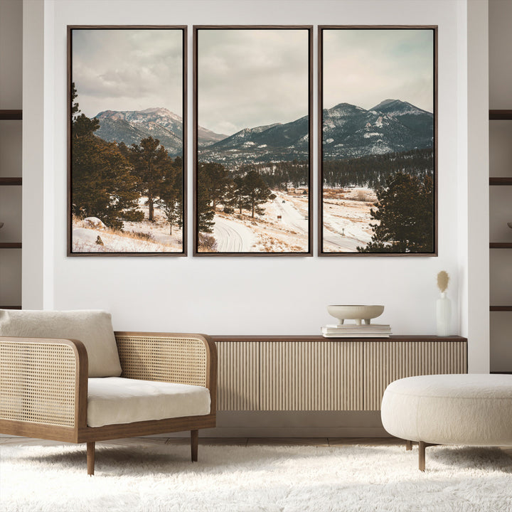 Mountain Landscape Wall Art Canvas Print, Framed Snowy Peaks Art Picture Print, Alpine Aesthetic Perfect Rustic Winter Decor Artwork